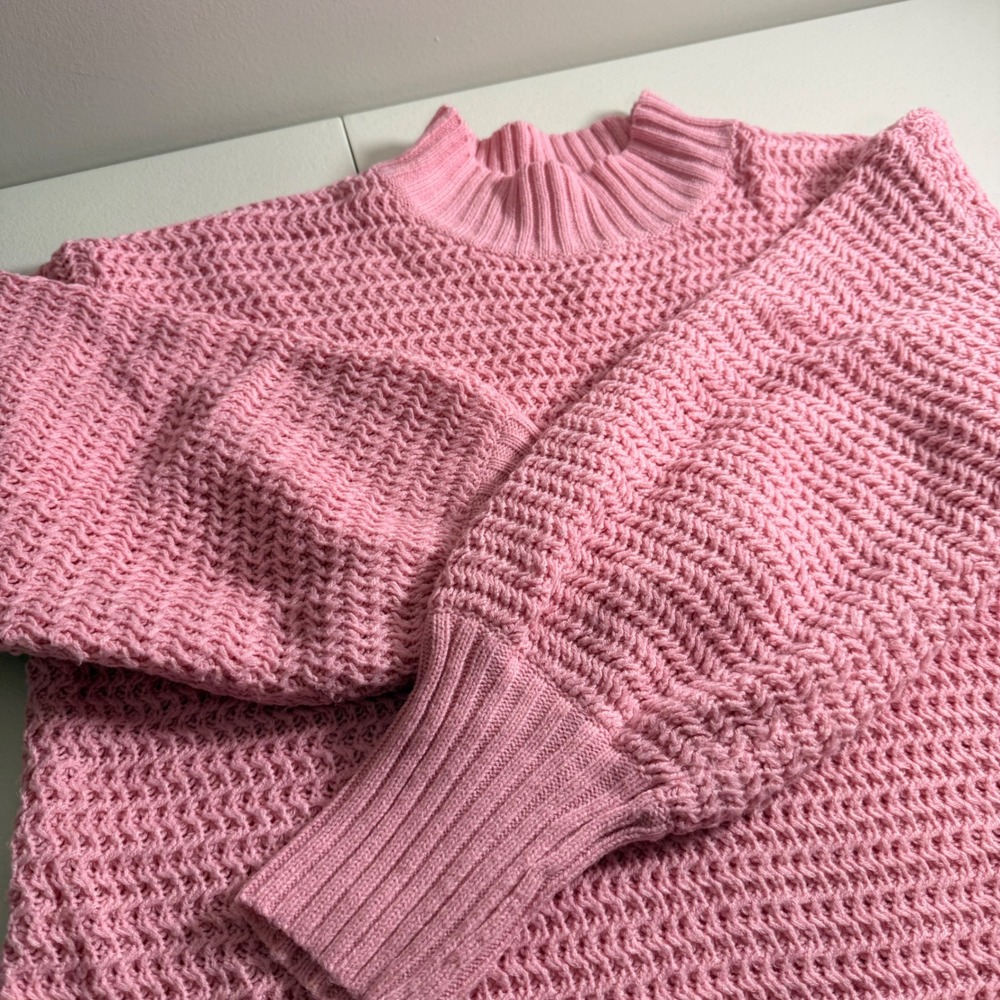 Pink Chunky Knit Mock Neck Sweater XXL Oversized Balloon Sleeve Waffle Stitch